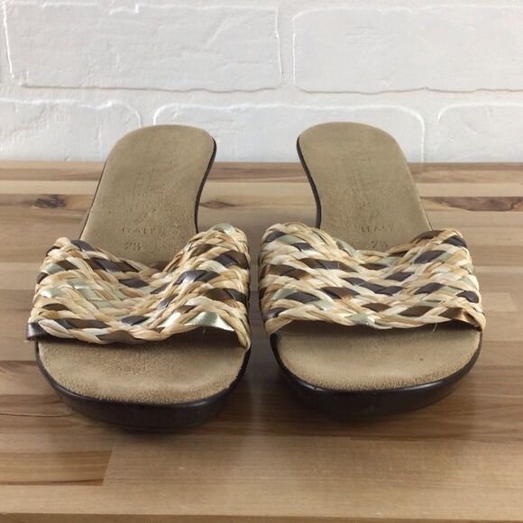 ITALIAN shoemakers slip on round peep mules clogs 7.5 gold silver braided strap - Picture 4 of 8